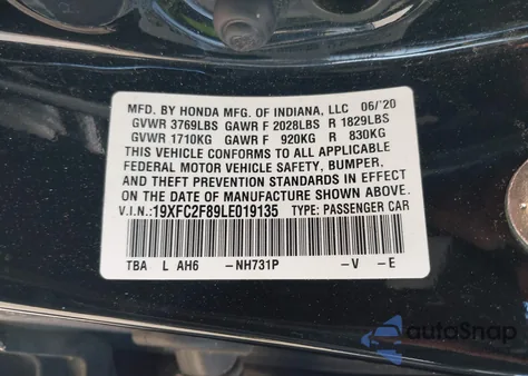 2020 Honda Civic Sport from USA, damaged, VIN 19XFC2F89LE019135